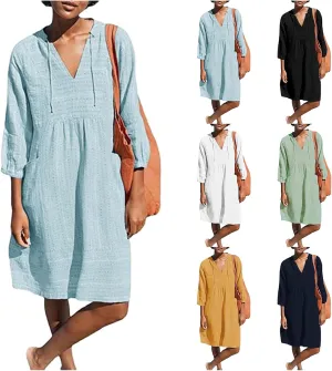 Linen Dresses for Women Cotton Casual Loose Shift Tunic Smock Summer Dresses 3/4 Sleeve Vacation Beach Sundress