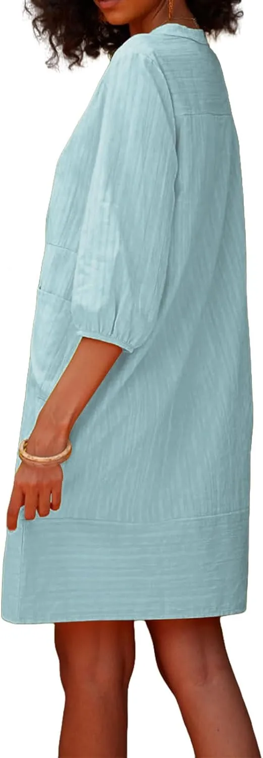 Linen Dresses for Women Cotton Casual Loose Shift Tunic Smock Summer Dresses 3/4 Sleeve Vacation Beach Sundress