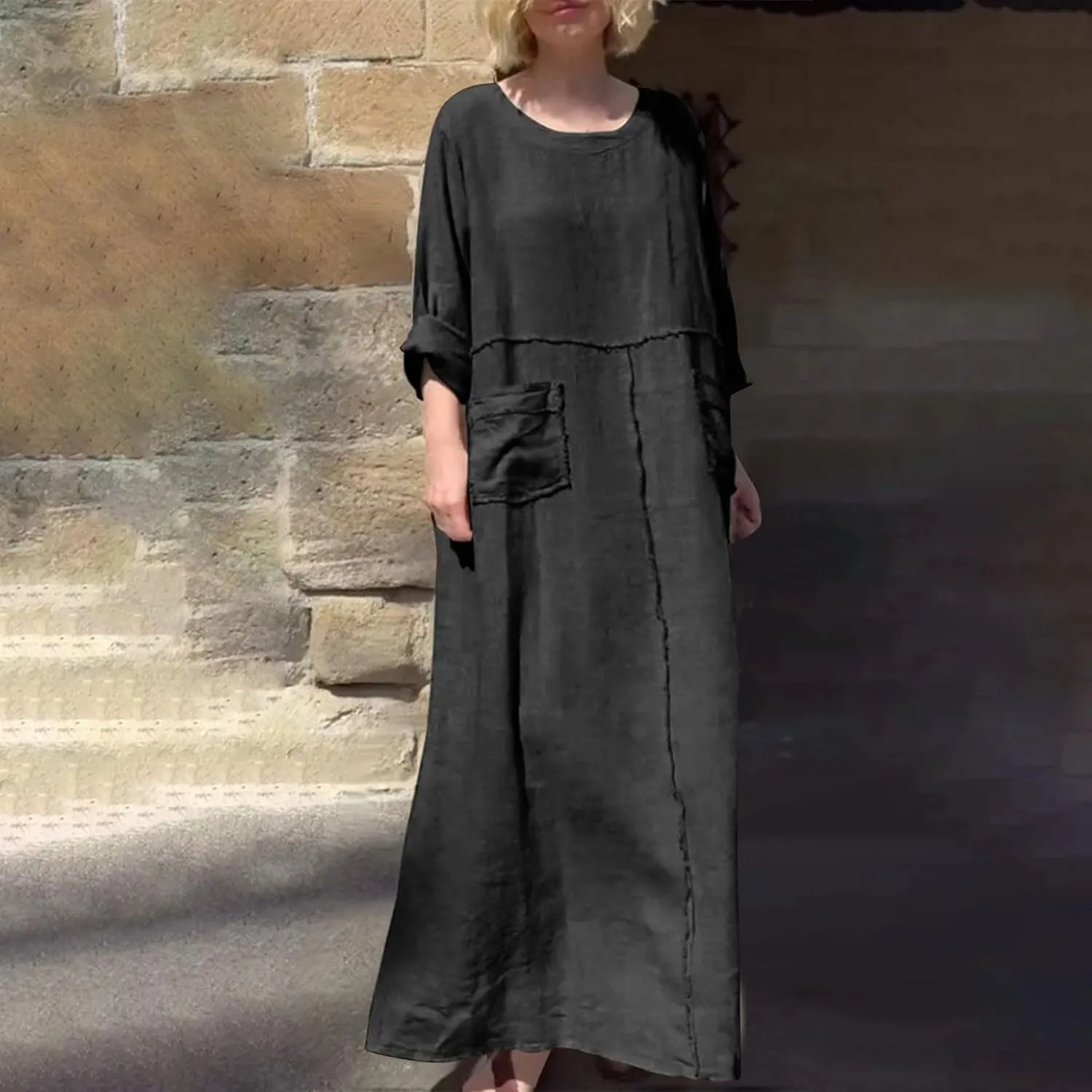 Linen Dresses for Women Oversized Crew Neck Long Sleeve Maxi Dress Casual Loose Long Dress Fashion Dresses with Pockets