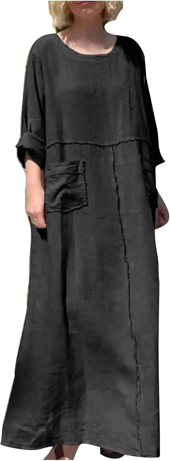Linen Dresses for Women Oversized Crew Neck Long Sleeve Maxi Dress Casual Loose Long Dress Fashion Dresses with Pockets