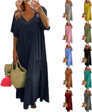 Linen Maxi Dresses for Women 2025 Short Sleeve V Neck Pastel Flowy Long Dress Comfy Plus Size Summer Beach Dresses