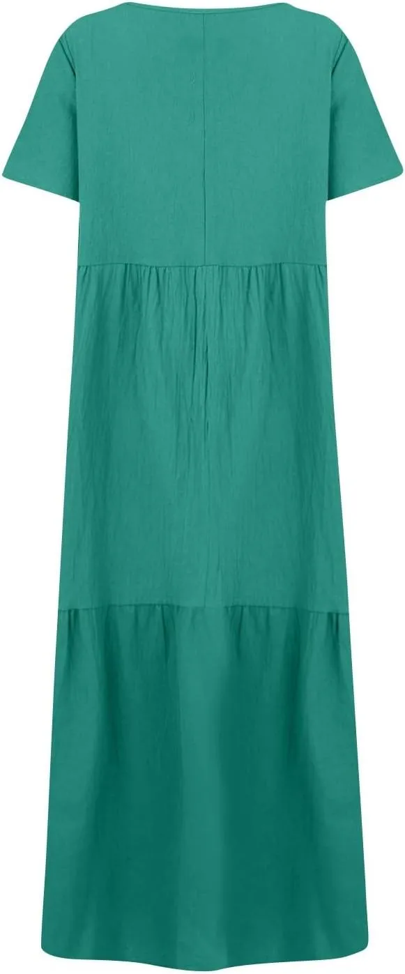 Linen Maxi Dresses for Women 2025 Short Sleeve V Neck Pastel Flowy Long Dress Comfy Plus Size Summer Beach Dresses