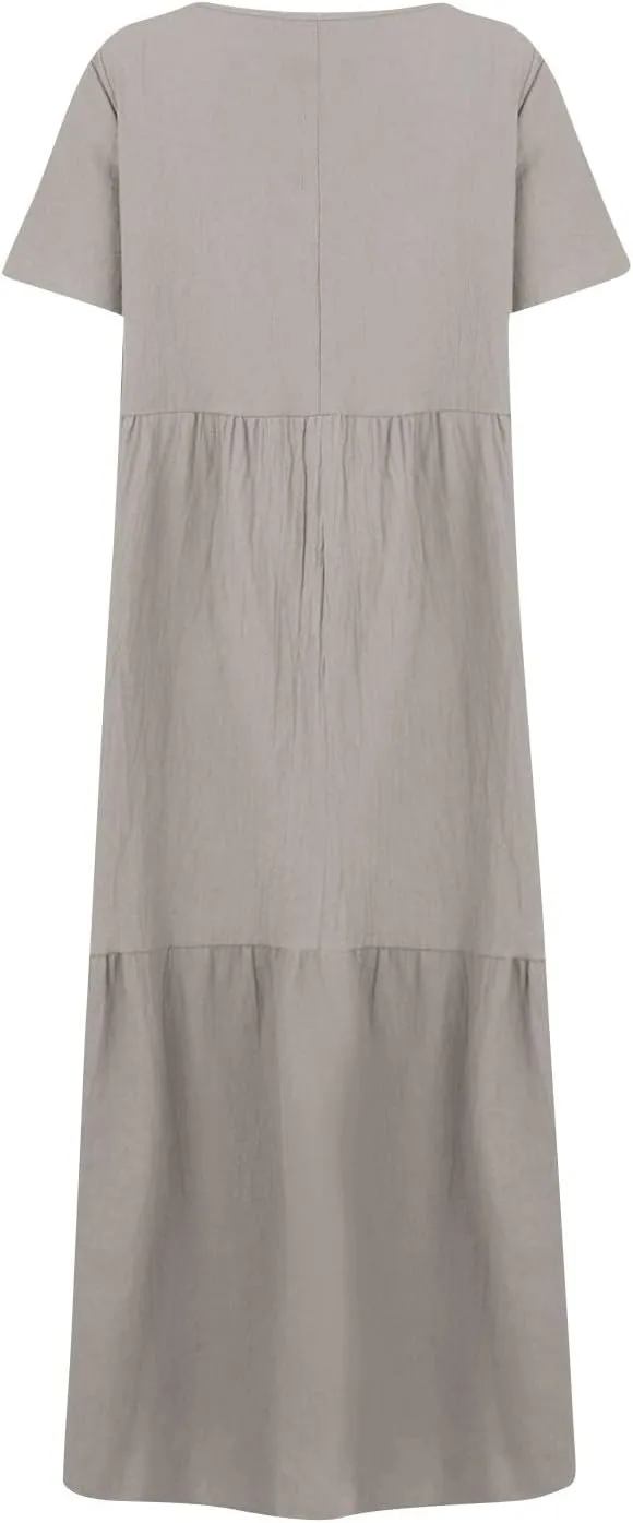 Linen Maxi Dresses for Women 2025 Short Sleeve V Neck Pastel Flowy Long Dress Comfy Plus Size Summer Beach Dresses
