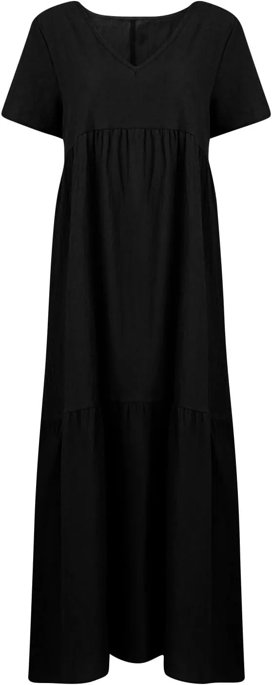 Linen Maxi Dresses for Women 2025 Short Sleeve V Neck Pastel Flowy Long Dress Comfy Plus Size Summer Beach Dresses
