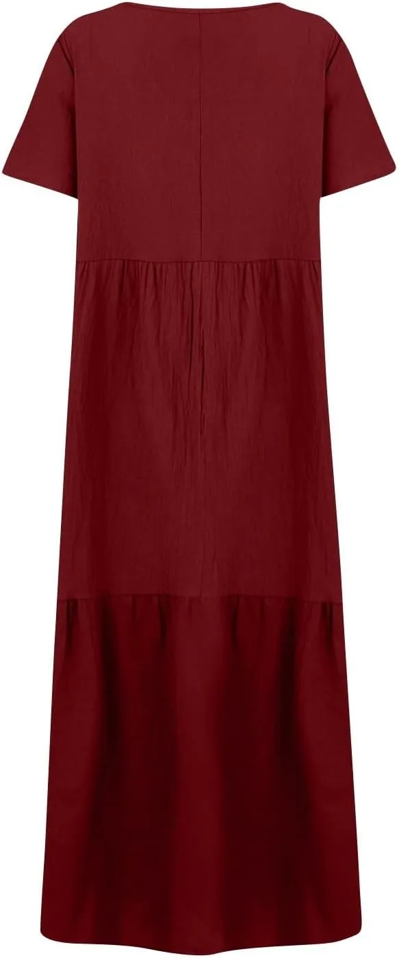 Linen Maxi Dresses for Women 2025 Short Sleeve V Neck Pastel Flowy Long Dress Comfy Plus Size Summer Beach Dresses