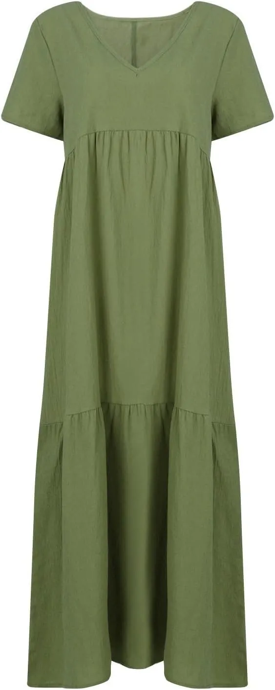 Linen Maxi Dresses for Women 2025 Short Sleeve V Neck Pastel Flowy Long Dress Comfy Plus Size Summer Beach Dresses