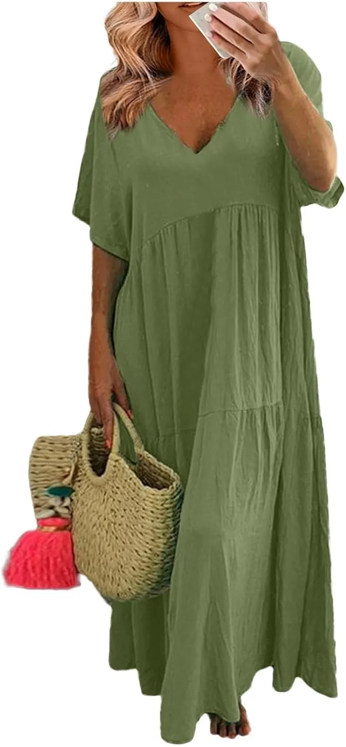 Linen Maxi Dresses for Women 2025 Short Sleeve V Neck Pastel Flowy Long Dress Comfy Plus Size Summer Beach Dresses