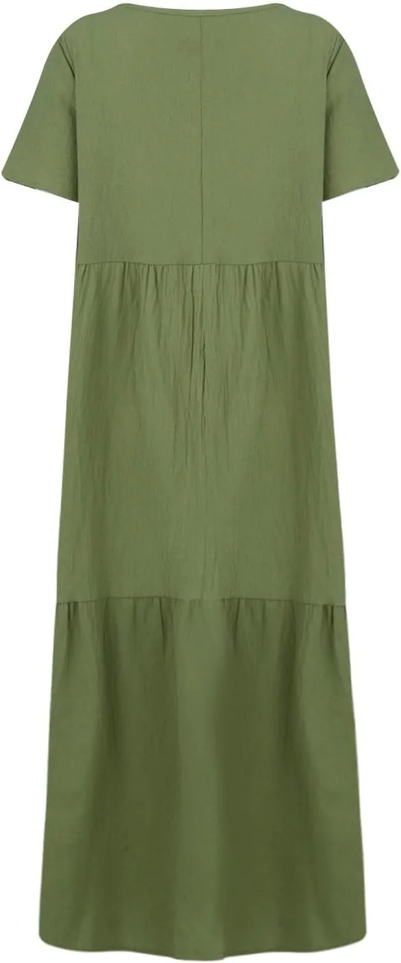 Linen Maxi Dresses for Women 2025 Short Sleeve V Neck Pastel Flowy Long Dress Comfy Plus Size Summer Beach Dresses