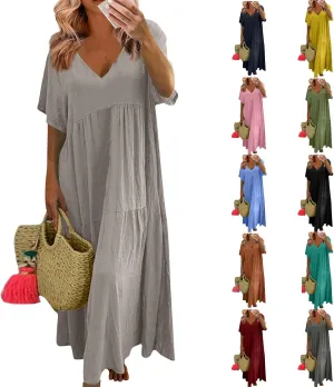 Linen Maxi Dresses for Women 2025 Short Sleeve V Neck Pastel Flowy Long Dress Comfy Plus Size Summer Beach Dresses