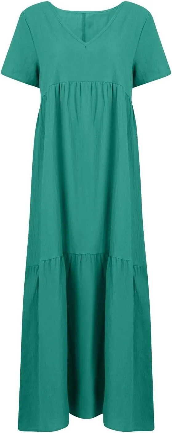 Linen Maxi Dresses for Women 2025 Short Sleeve V Neck Pastel Flowy Long Dress Comfy Plus Size Summer Beach Dresses