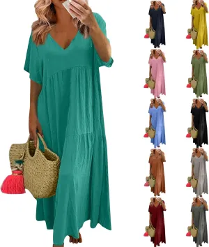 Linen Maxi Dresses for Women 2025 Short Sleeve V Neck Pastel Flowy Long Dress Comfy Plus Size Summer Beach Dresses