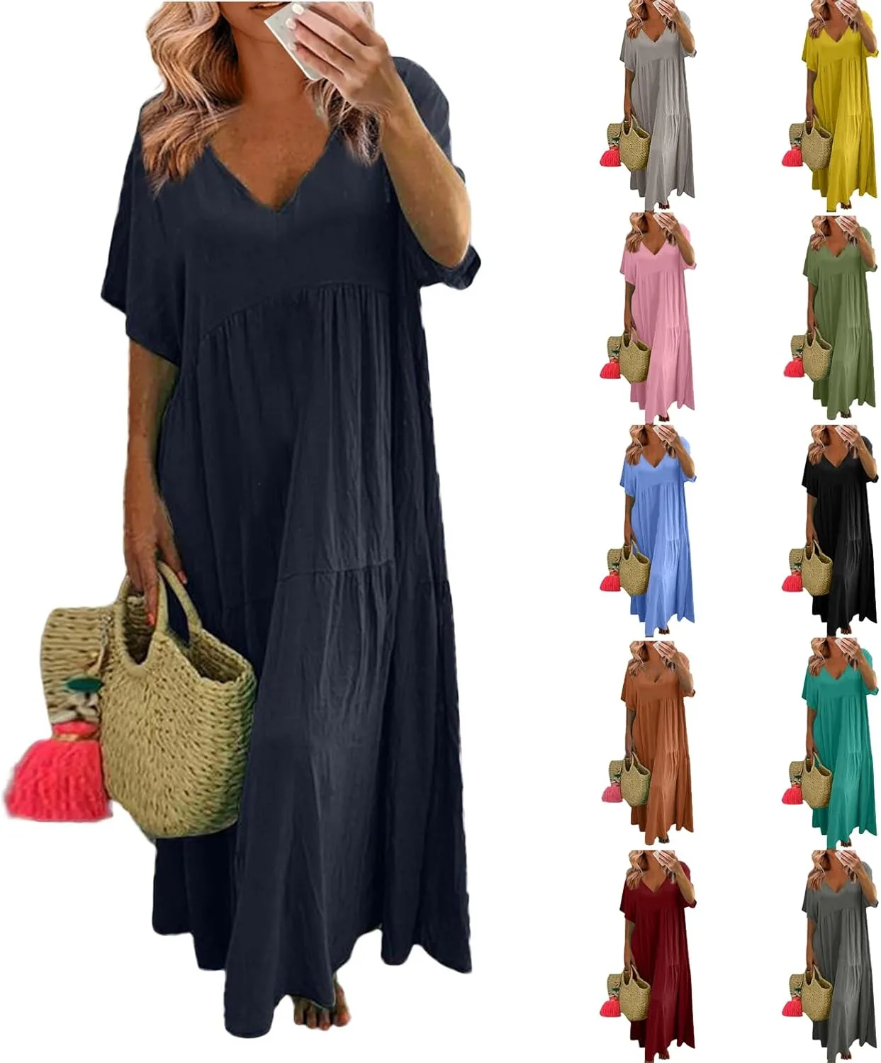 Linen Maxi Dresses for Women 2025 Short Sleeve V Neck Pastel Flowy Long Dress Comfy Plus Size Summer Beach Dresses