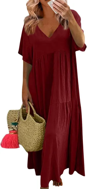 Linen Maxi Dresses for Women 2025 Short Sleeve V Neck Pastel Flowy Long Dress Comfy Plus Size Summer Beach Dresses