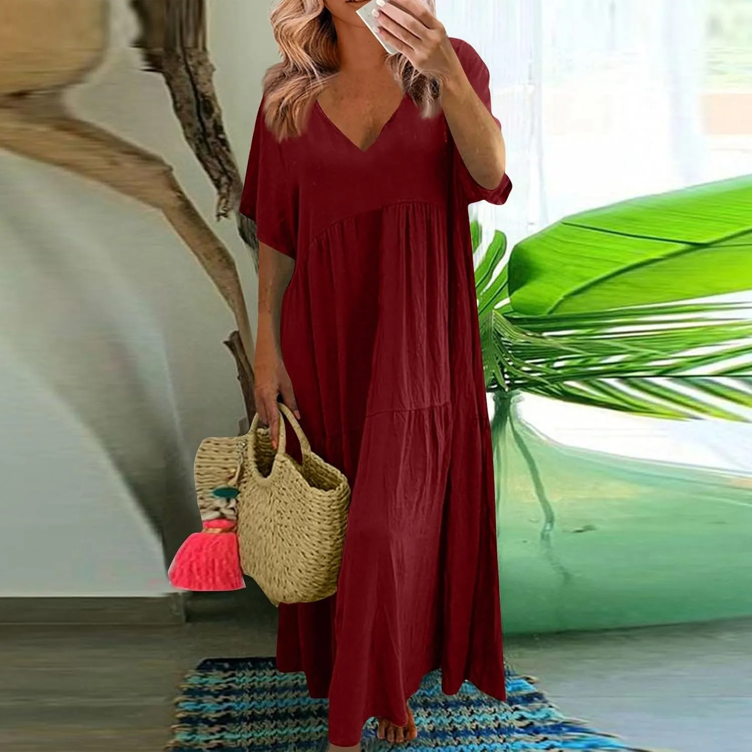 Linen Maxi Dresses for Women 2025 Short Sleeve V Neck Pastel Flowy Long Dress Comfy Plus Size Summer Beach Dresses