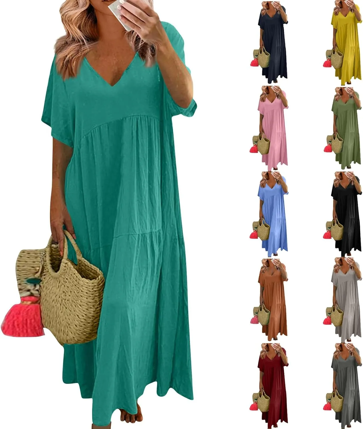 Linen Maxi Dresses for Women 2025 Short Sleeve V Neck Pastel Flowy Long Dress Comfy Plus Size Summer Beach Dresses