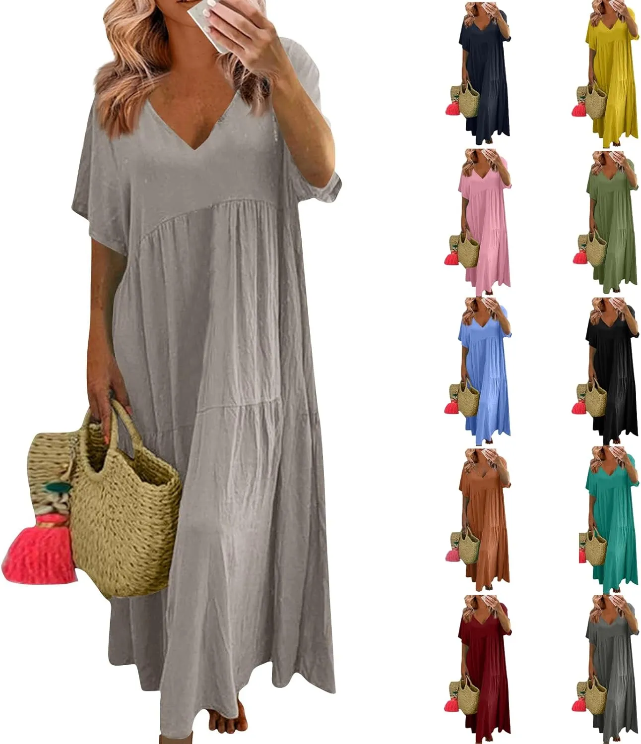 Linen Maxi Dresses for Women 2025 Short Sleeve V Neck Pastel Flowy Long Dress Comfy Plus Size Summer Beach Dresses