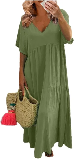 Linen Maxi Dresses for Women 2025 Short Sleeve V Neck Pastel Flowy Long Dress Comfy Plus Size Summer Beach Dresses