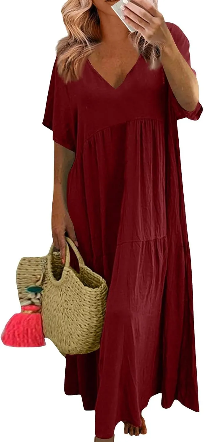 Linen Maxi Dresses for Women 2025 Short Sleeve V Neck Pastel Flowy Long Dress Comfy Plus Size Summer Beach Dresses
