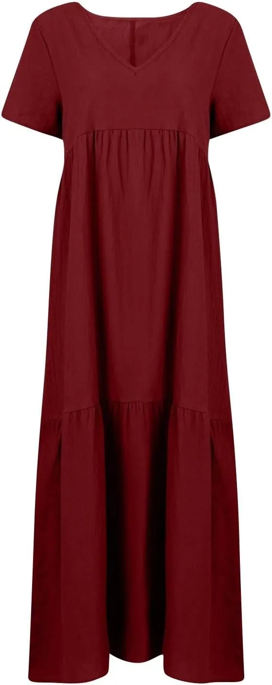 Linen Maxi Dresses for Women 2025 Short Sleeve V Neck Pastel Flowy Long Dress Comfy Plus Size Summer Beach Dresses
