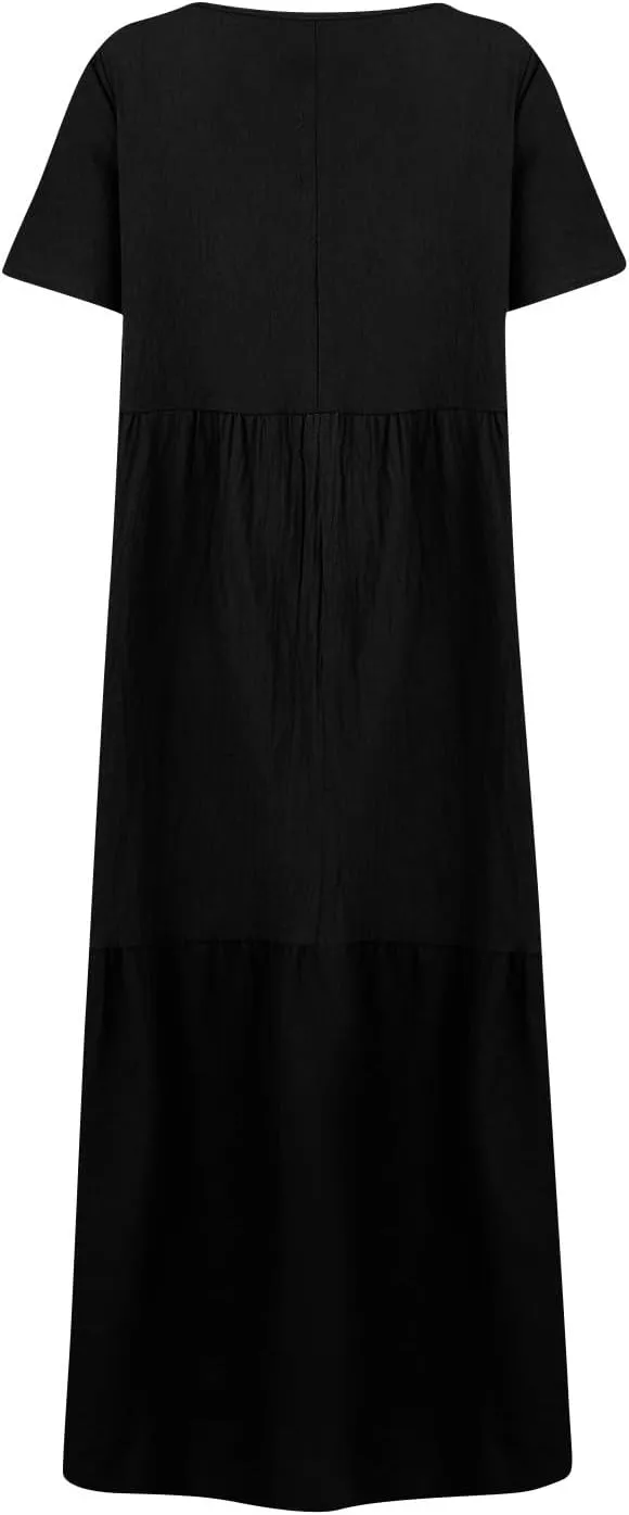 Linen Maxi Dresses for Women 2025 Short Sleeve V Neck Pastel Flowy Long Dress Comfy Plus Size Summer Beach Dresses
