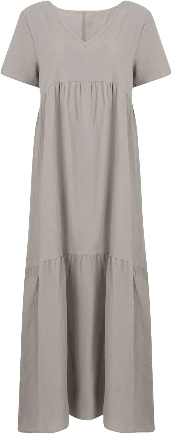 Linen Maxi Dresses for Women 2025 Short Sleeve V Neck Pastel Flowy Long Dress Comfy Plus Size Summer Beach Dresses
