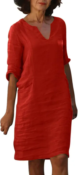 Linen T Shirts for Women Classy Spring Light V Neck Half Sleeve Drop Waist Sun Dress Bohemian Church Clothes for Ladies