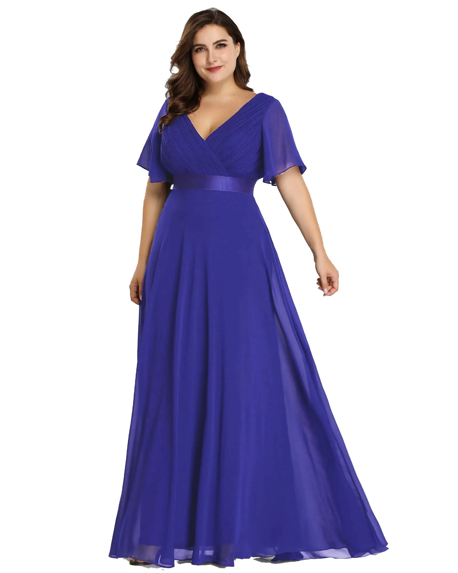 Long Chiffon Empire Waist Bridesmaid Dress with Short Flutter Sleeves | Sapphire Blue