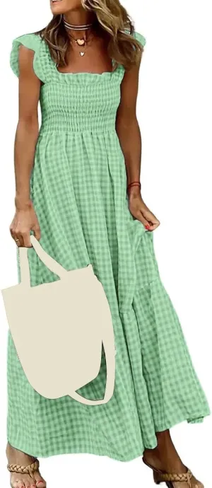 Long Dresses for Women Plaid Smocked Dress Sleeveless Spaghetti Strap Maxi Dresses A Line Tiered Flowy Beach Dress