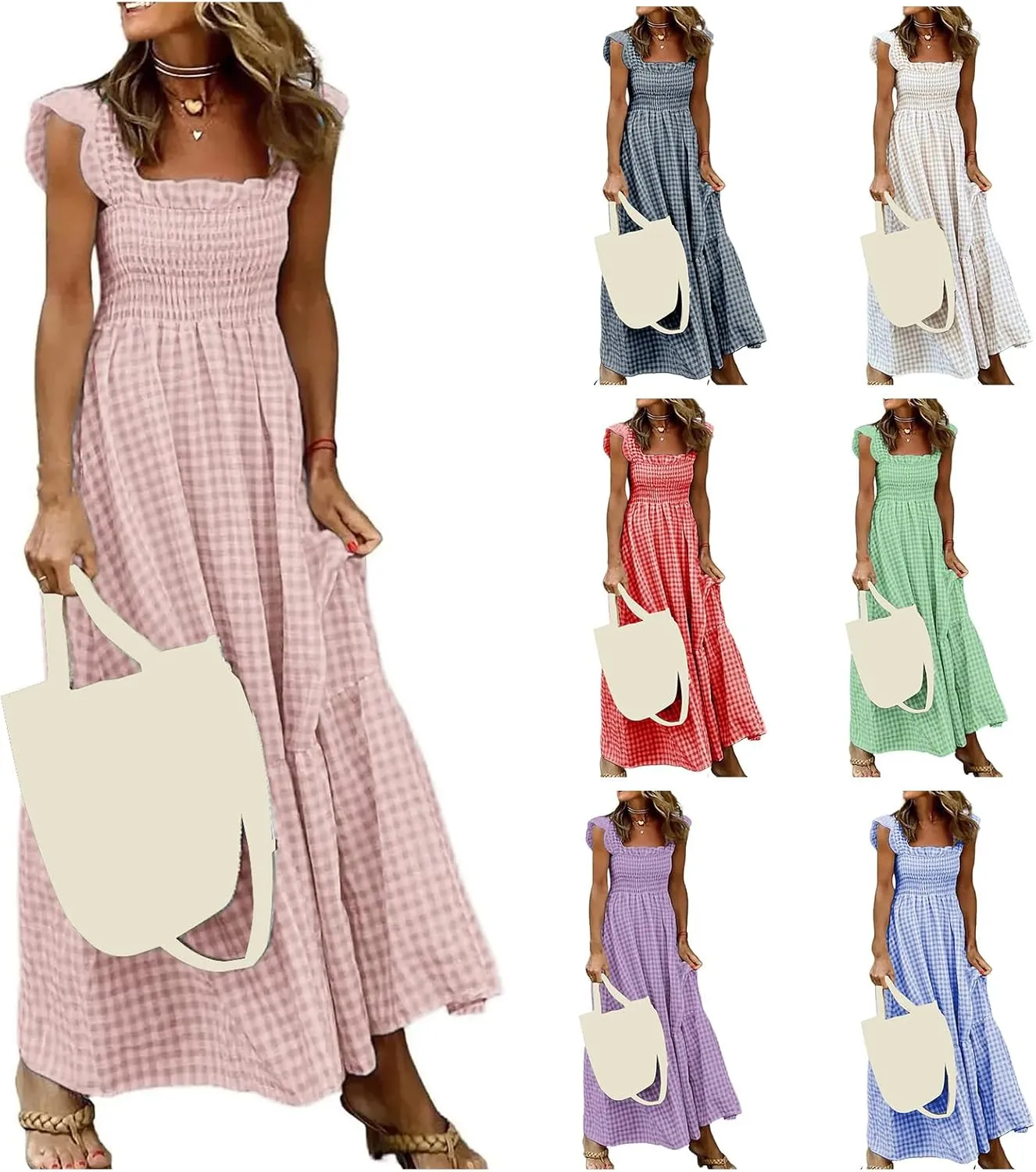 Long Dresses for Women Plaid Smocked Dress Sleeveless Spaghetti Strap Maxi Dresses A Line Tiered Flowy Beach Dress