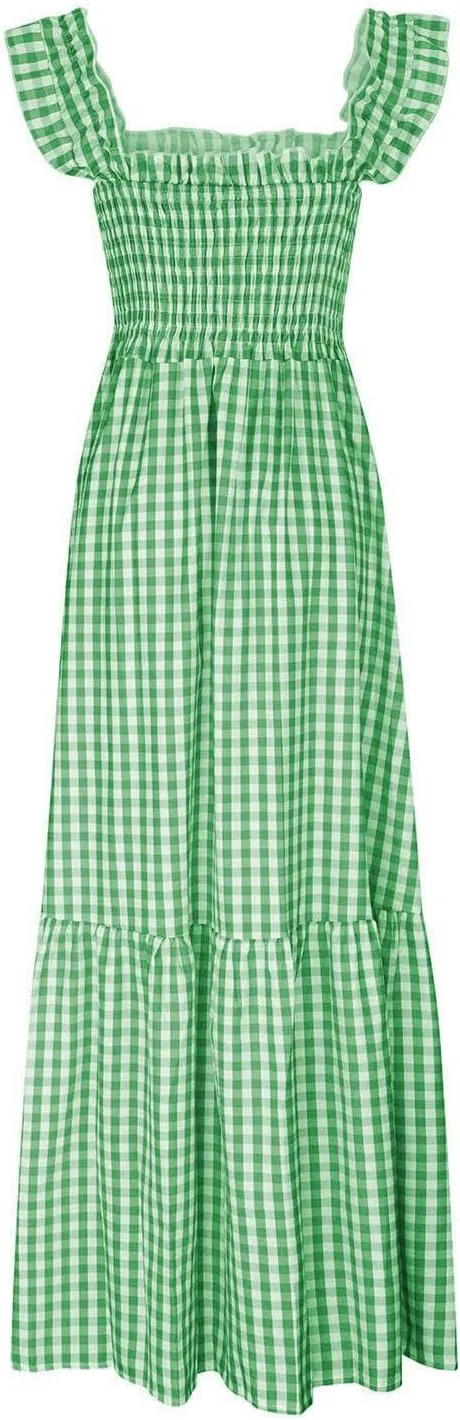 Long Dresses for Women Plaid Smocked Dress Sleeveless Spaghetti Strap Maxi Dresses A Line Tiered Flowy Beach Dress