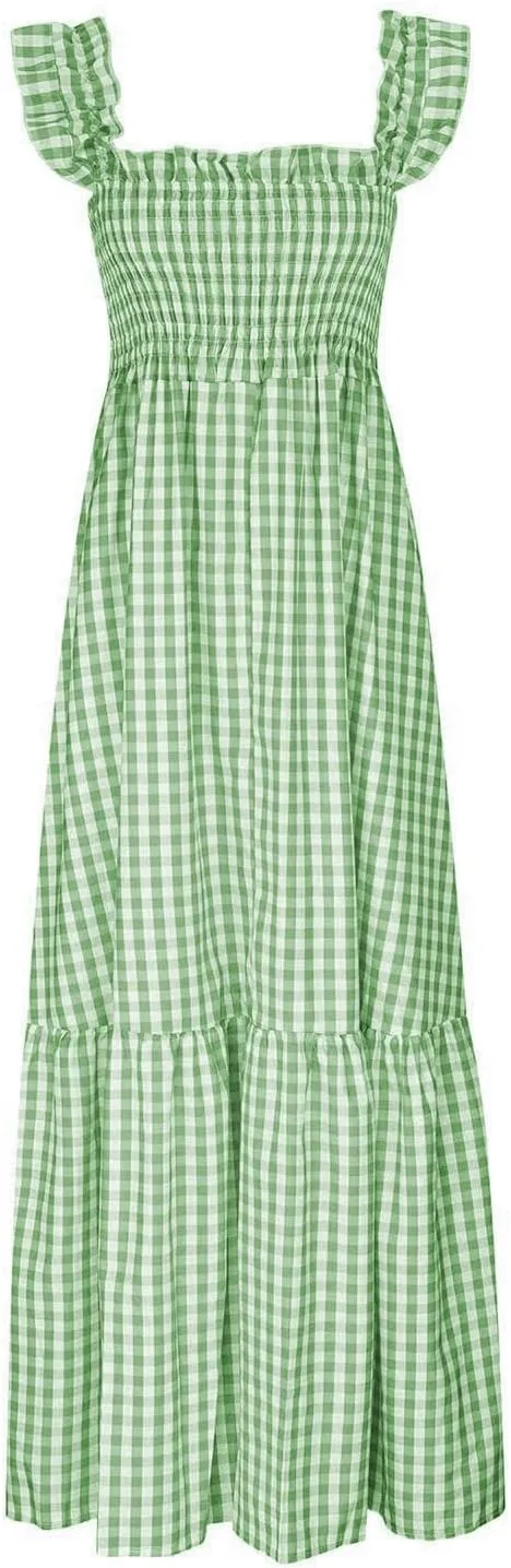 Long Dresses for Women Plaid Smocked Dress Sleeveless Spaghetti Strap Maxi Dresses A Line Tiered Flowy Beach Dress