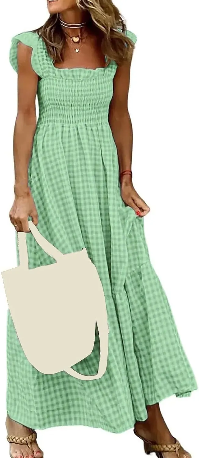 Long Dresses for Women Plaid Smocked Dress Sleeveless Spaghetti Strap Maxi Dresses A Line Tiered Flowy Beach Dress