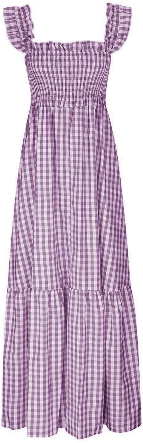 Long Dresses for Women Plaid Smocked Dress Sleeveless Spaghetti Strap Maxi Dresses A Line Tiered Flowy Beach Dress
