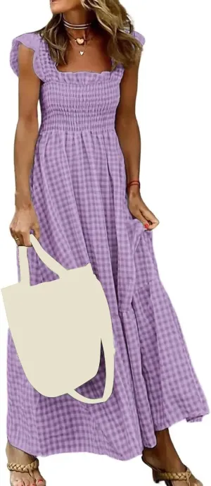 Long Dresses for Women Plaid Smocked Dress Sleeveless Spaghetti Strap Maxi Dresses A Line Tiered Flowy Beach Dress