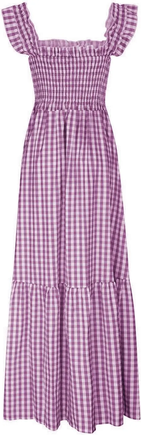 Long Dresses for Women Plaid Smocked Dress Sleeveless Spaghetti Strap Maxi Dresses A Line Tiered Flowy Beach Dress