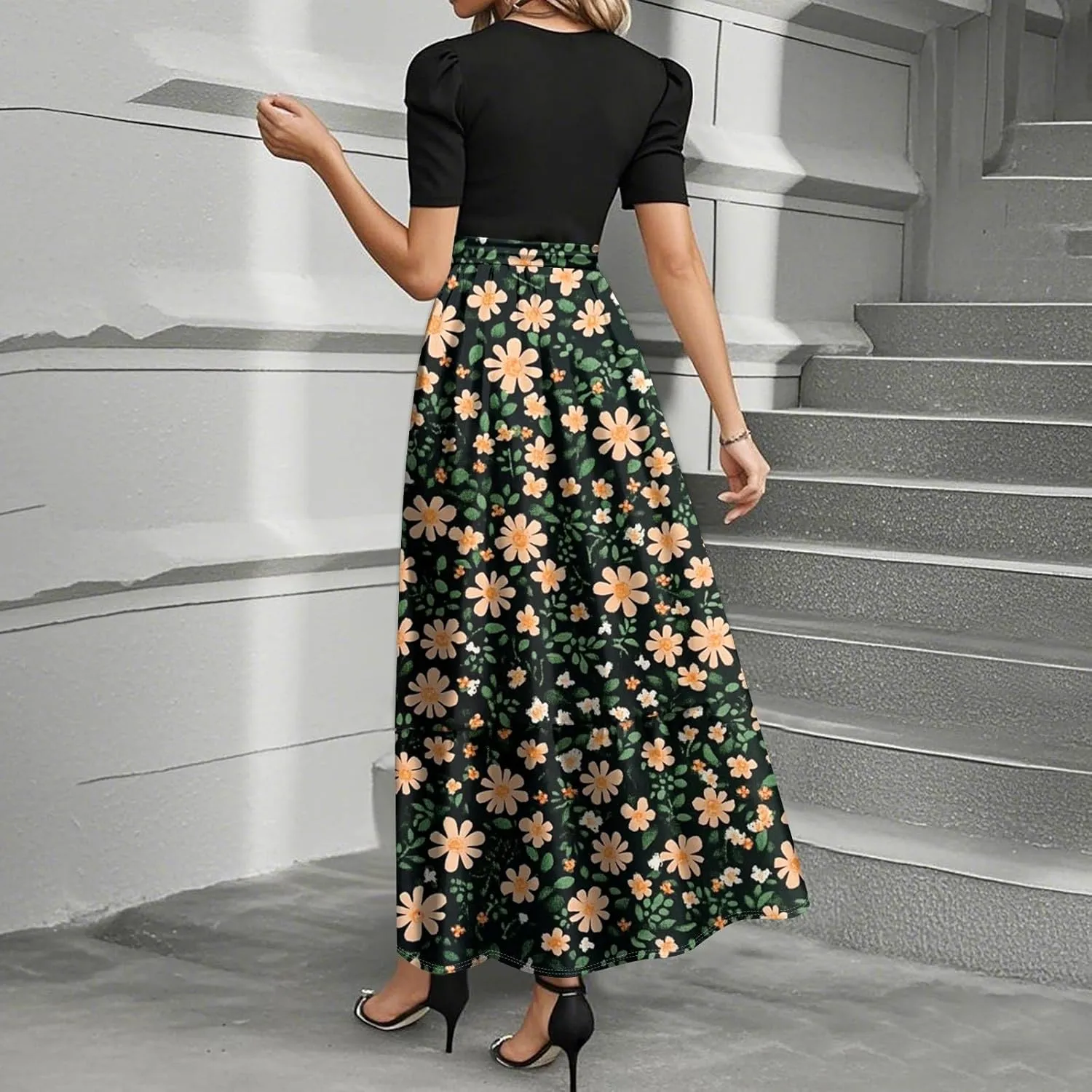 Long Floral Dresses for Women Elegant Boho Tie Belted Patchwork Empire Waist Short Sleeve Modest Flowy Maxi Dress