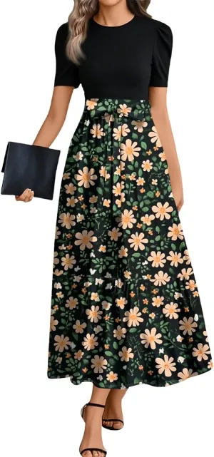 Long Floral Dresses for Women Elegant Boho Tie Belted Patchwork Empire Waist Short Sleeve Modest Flowy Maxi Dress