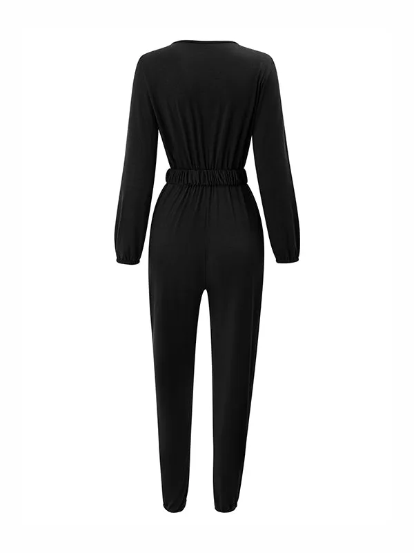 Long Sleeves Belted Elasticity V-Neck Jumpsuits