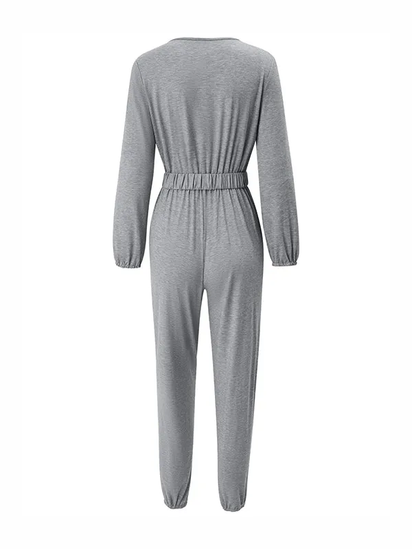 Long Sleeves Belted Elasticity V-Neck Jumpsuits