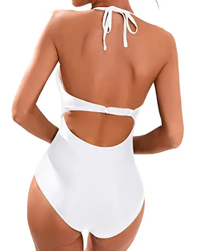 Long Torso Removable Padded Bra Halter One Piece Swimsuit-White