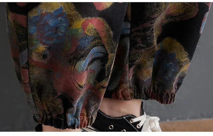 Loose Jeans Black Jumpsuit Casual Ladies Big Pockets Print Floral Denim Overalls Straps Rompers