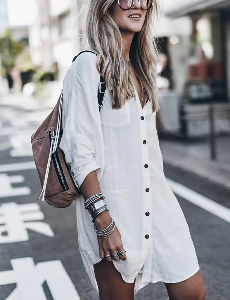 Loose V Neck Beach Shirt Dress Cover Up