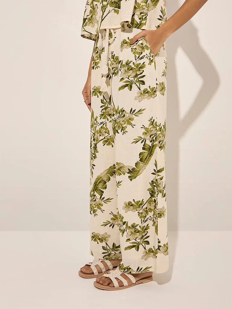 LOV Off-White Printed Mid-Rise Linen-Blend Pants