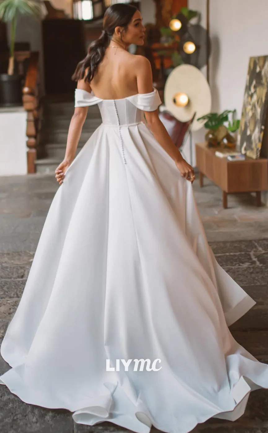 LW770 - Off-Shoulder Strapless Ruched Sleek Satin High Slit Beach Wedding Dress