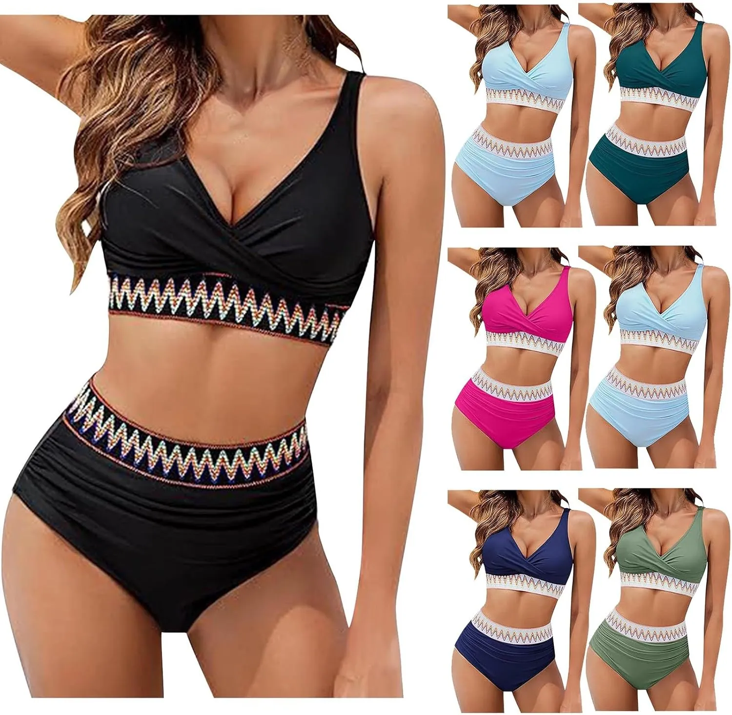 maisdgop High Waisted Bikini Sets for Women V Neck Tummy Control Swimsuits Comfy Soft Color Block Two Piece Bathing Suit