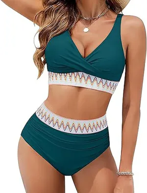 maisdgop High Waisted Bikini Sets for Women V Neck Tummy Control Swimsuits Comfy Soft Color Block Two Piece Bathing Suit