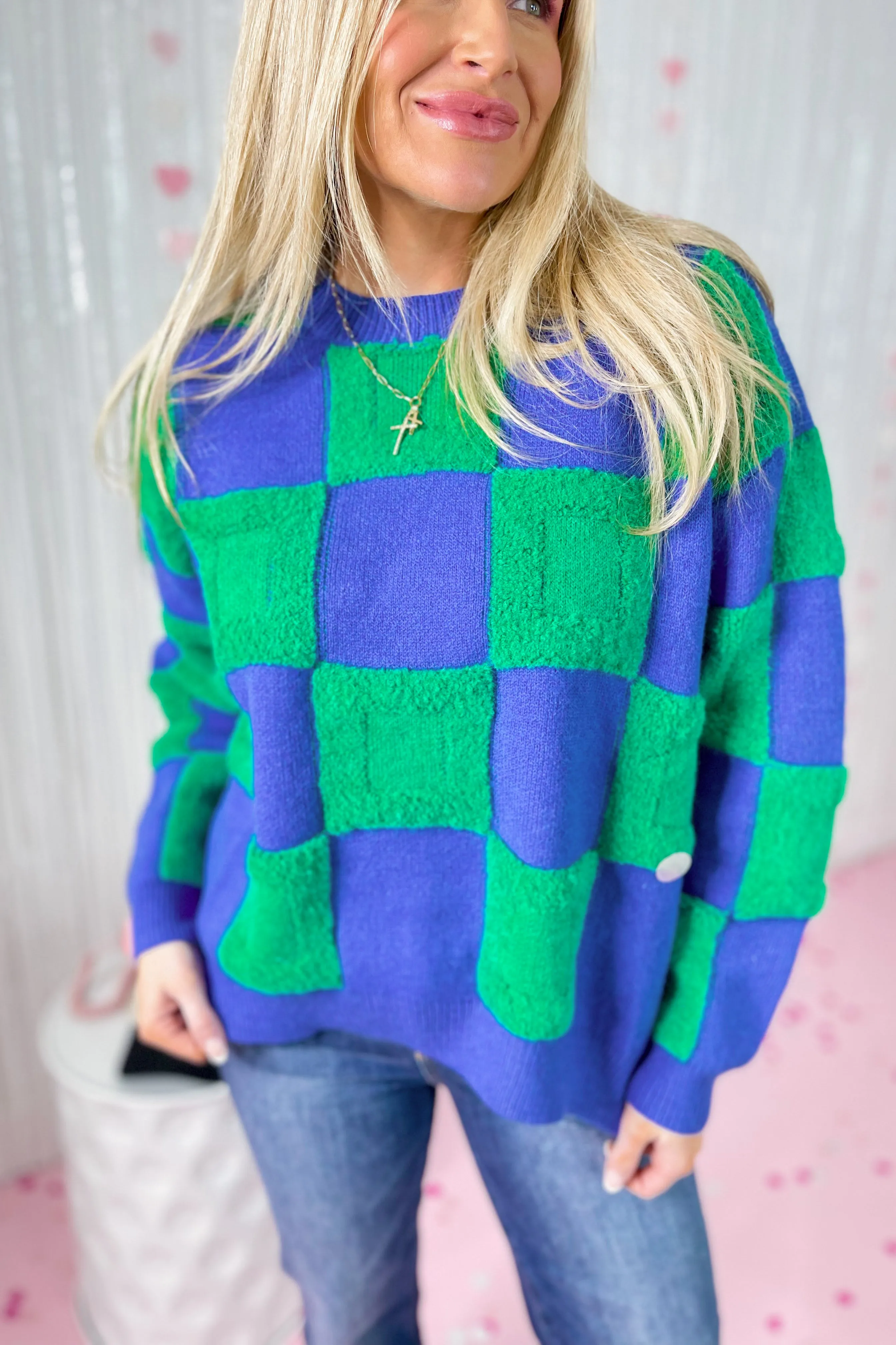 Margie Textured Checkered Pullover Ribbed Sweater