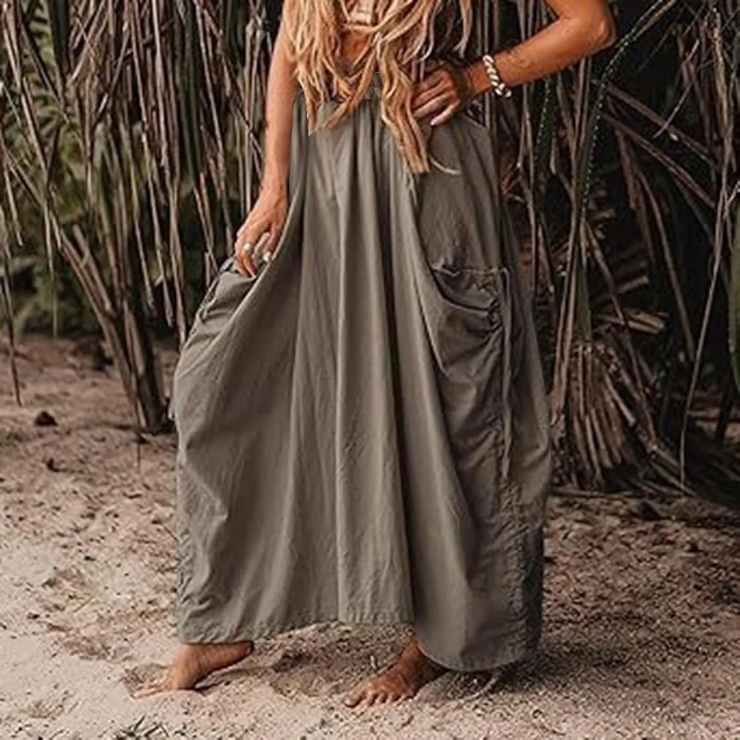 Maxi Boho Skirt Long Pockets Cotton Hippie Bohemian Elastic Waist Gypsy Skirt Bohemian with Pockets Gypsy Elastic