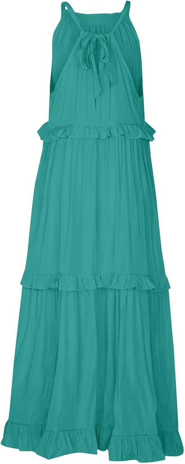 Maxi Dresses for Women 2025 Summer Sleeveless Halter Neck Tea Party Flowy Vacation Tiered Loose Long Dress