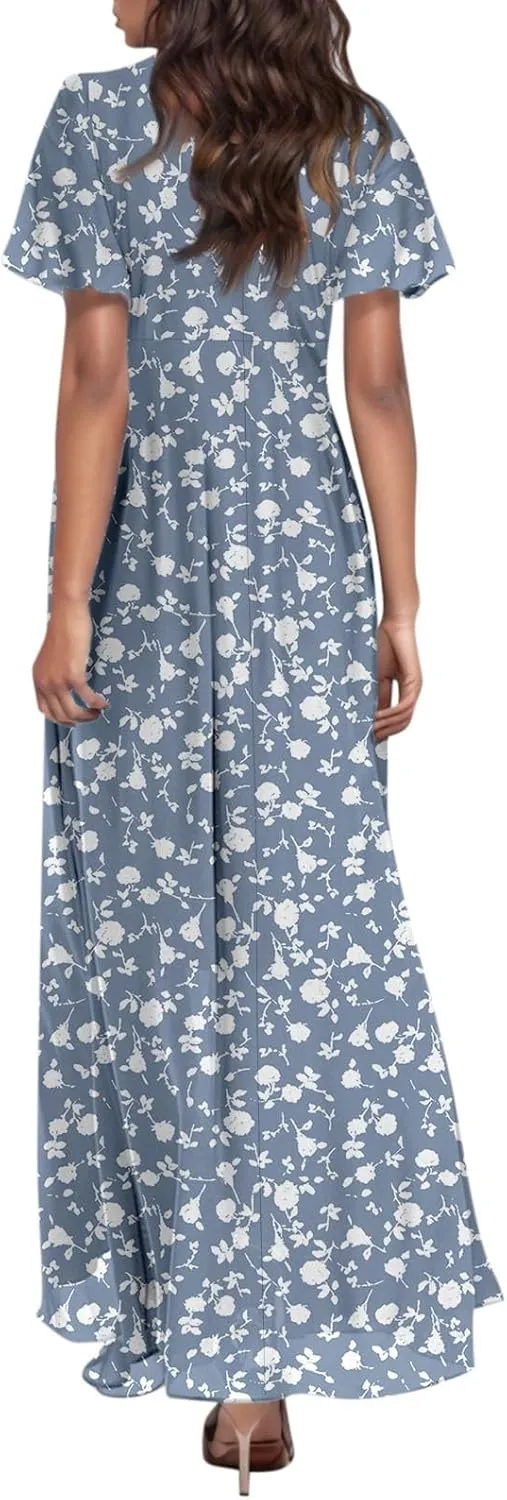 Maxi Dresses for Women Summer Highwaisted Prom Dress Floral Chiffon Flutter Sleeve Boho Dress Vneck Tea Party Dresses